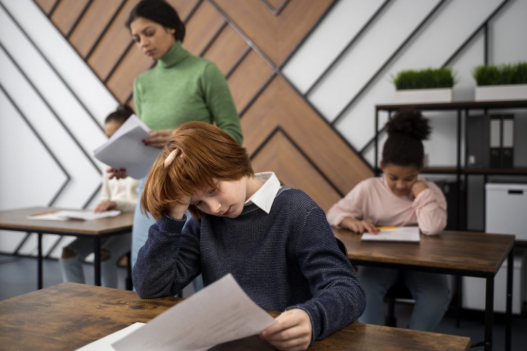 A neurodivergent learner boy struggles with a test in a classroom.