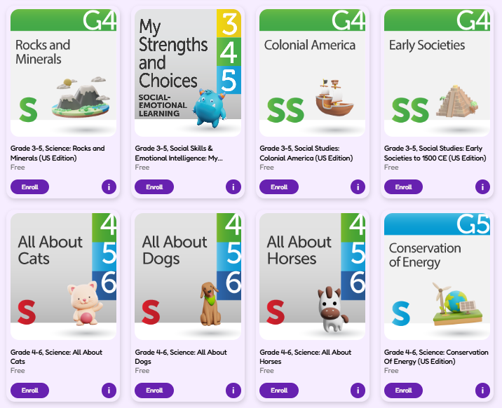 Schoolio online course library — sample science and social studies courses
