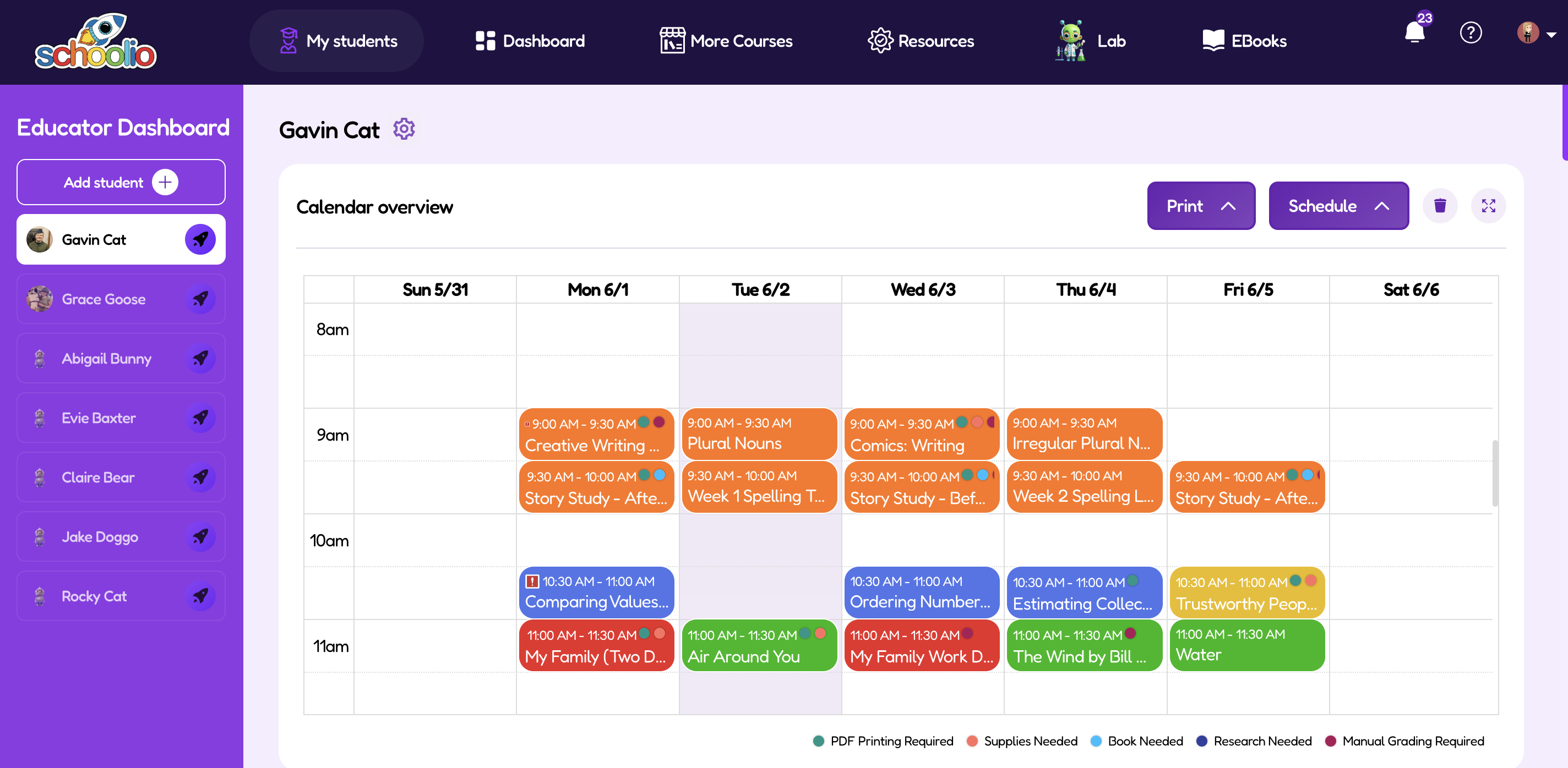Schoolio Digital — parent dashboard showing student calendar and lesson schedule
