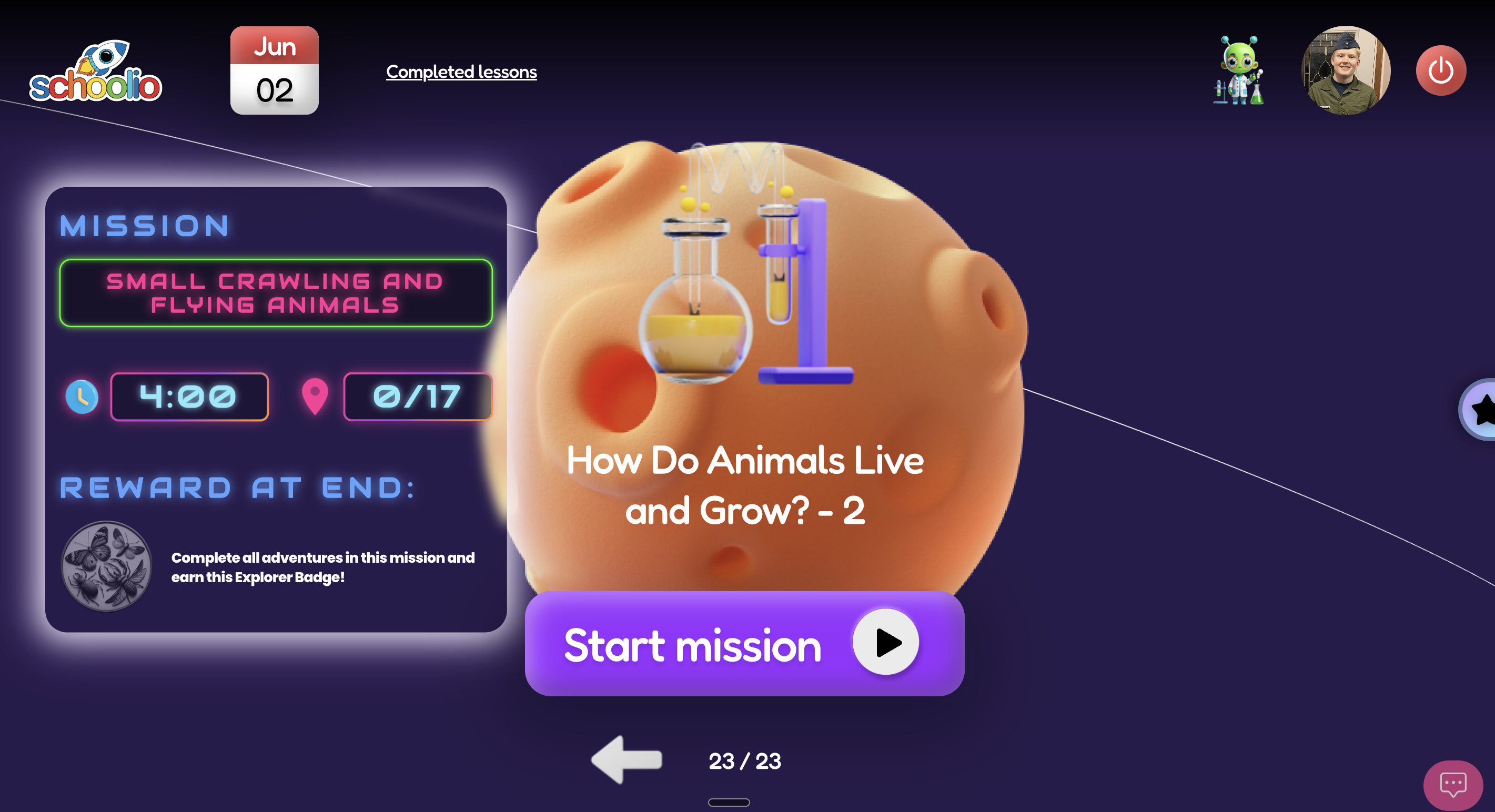 Schoolio Digital — student mission screen showing interactive science lesson