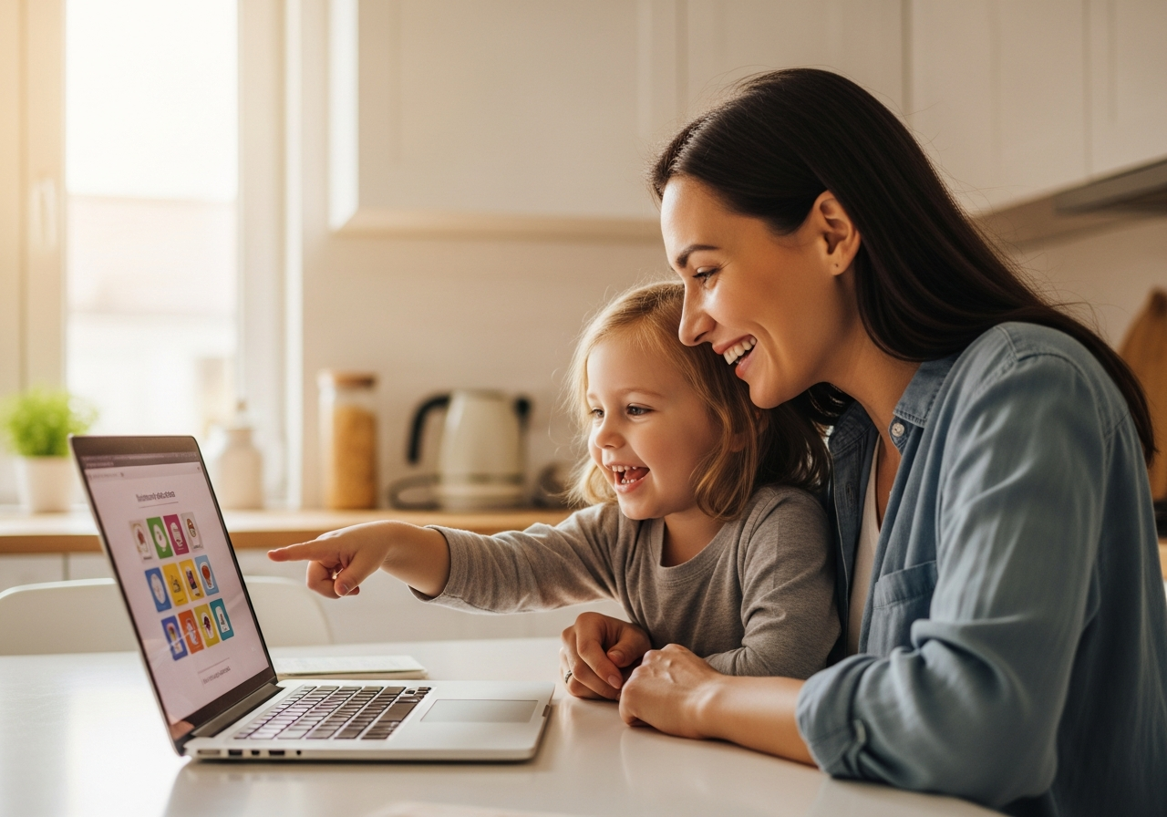 Mom and child smiling together at a kitchen table using Schoolio Digital on a laptop