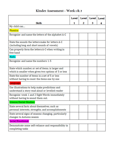 Bi-weekly parent assessment