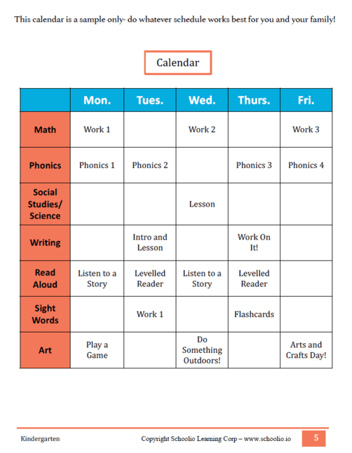 Schoolio Kindergarten weekly schedule
